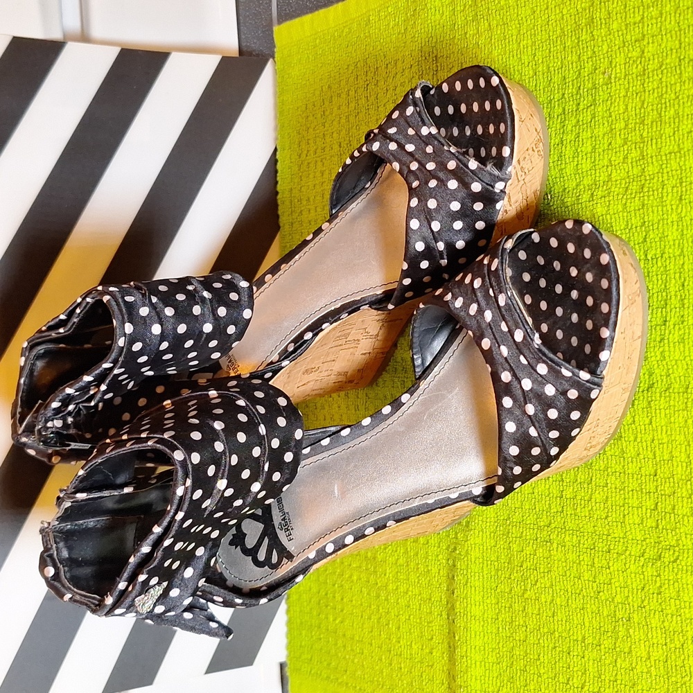 Satin polka dot retro cork wedge